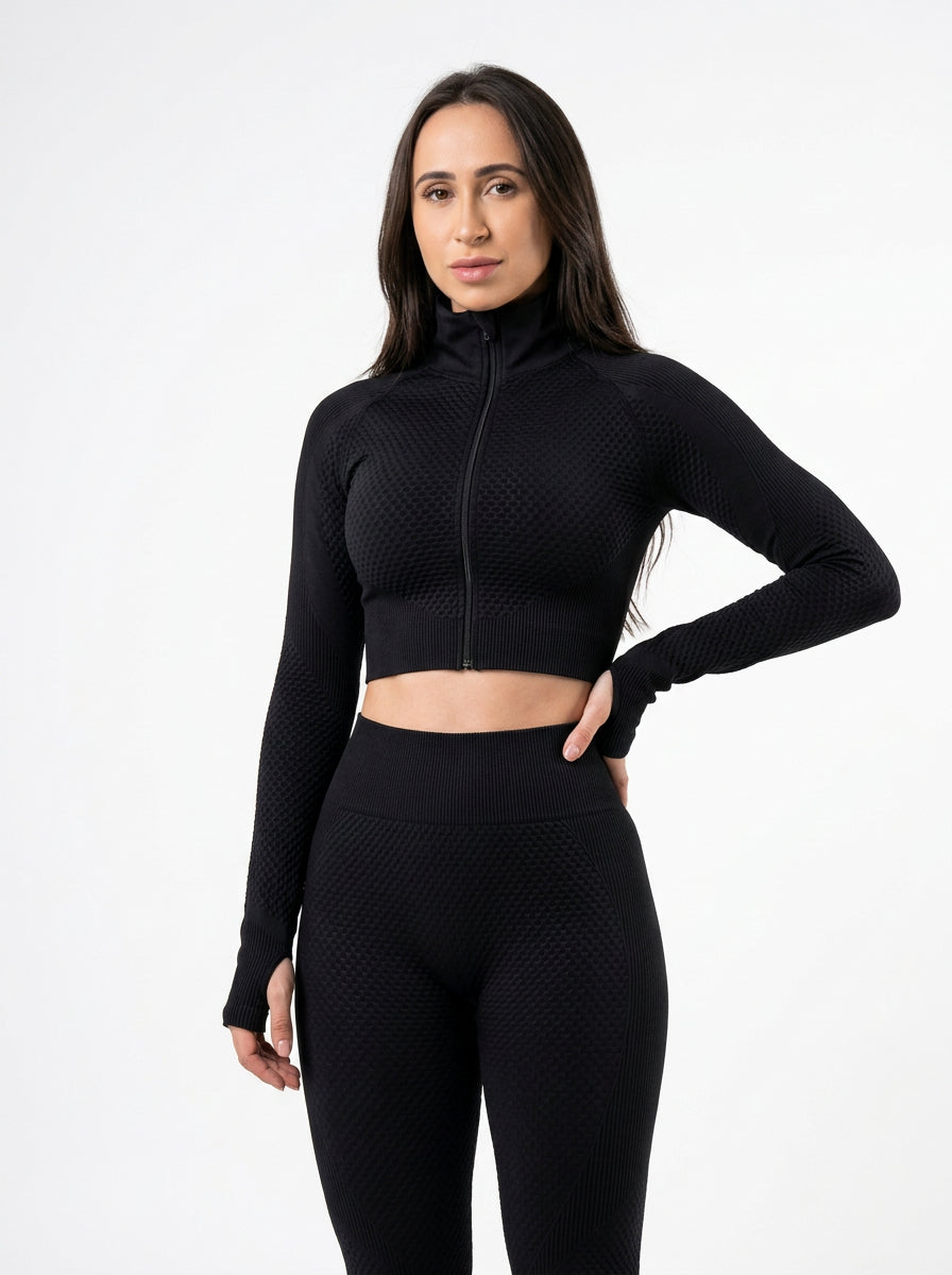 Conjunto Fitness Feminino Jaqueta Cropped + Legging Textura 3D Colmeia