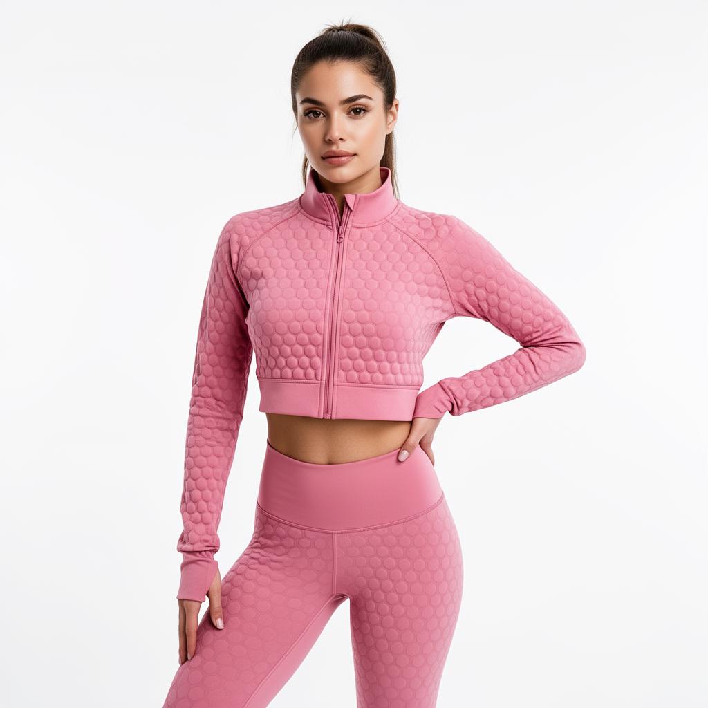 Conjunto Fitness Feminino Jaqueta Cropped + Legging Textura 3D Colmeia